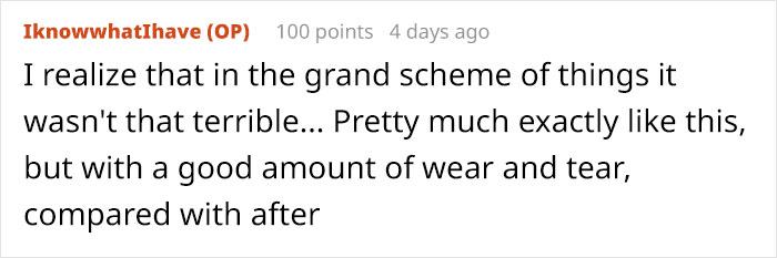 Text comment discussing renovations and wear and tear, reflecting on improvements. Text comment discussing renovations and wear and tear, reflecting on improvements.