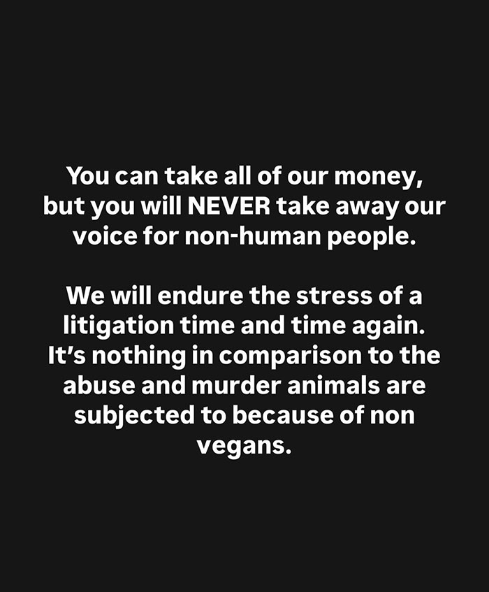 Text advocating for animal rights and vegan activism, addressing litigation and mistreatment of animals. Text advocating for animal rights and vegan activism, addressing litigation and mistreatment of animals.