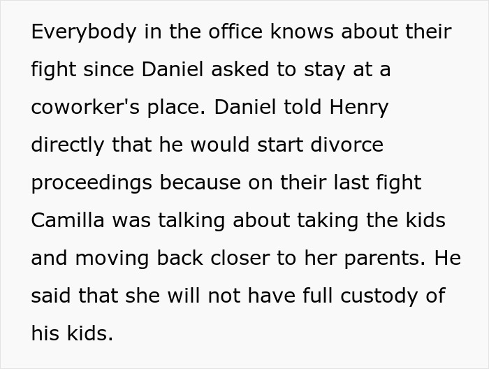 Text about office gossip regarding Daniel's divorce and custody issues. Text about office gossip regarding Daniel's divorce and custody issues.