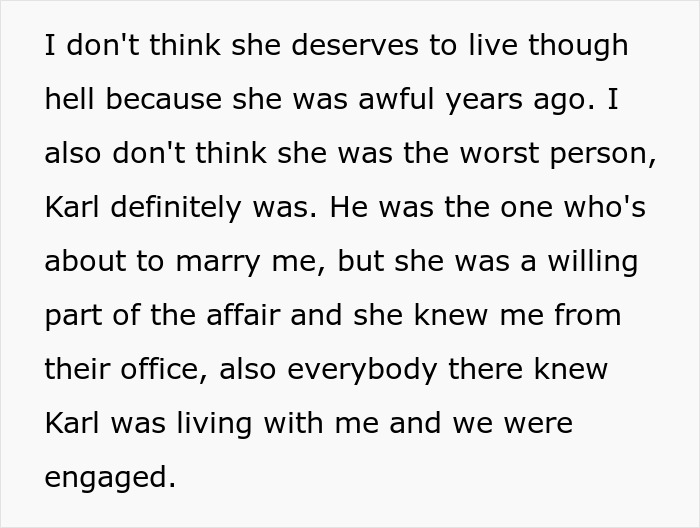 Text about a woman's past affair being exposed, involving her and her former fiancé Karl. Text about a woman's past affair being exposed, involving her and her former fiancé Karl.