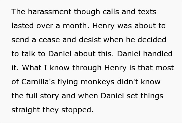 Text describing harassment through calls and texts, involving Henry and Daniel's intervention. Text describing harassment through calls and texts, involving Henry and Daniel's intervention.