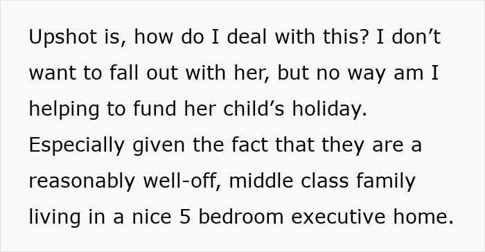 Text snippet about a woman asked to fund a daughter's exotic trip despite the family's middle-class status. Text snippet about a woman asked to fund a daughter's exotic trip despite the family's middle-class status.