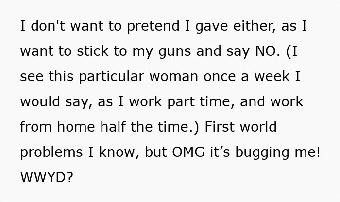 Text screenshot discussing woman's dilemma over refusing money for daughter's trip. Text screenshot discussing woman's dilemma over refusing money for daughter's trip.