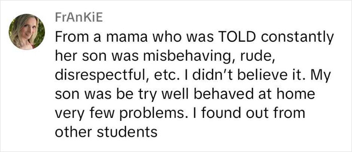 Comment from a mom about her 5-year-old's behavior at school, expressing disbelief and mentioning feedback from other students. Comment from a mom about her 5-year-old's behavior at school, expressing disbelief and mentioning feedback from other students.