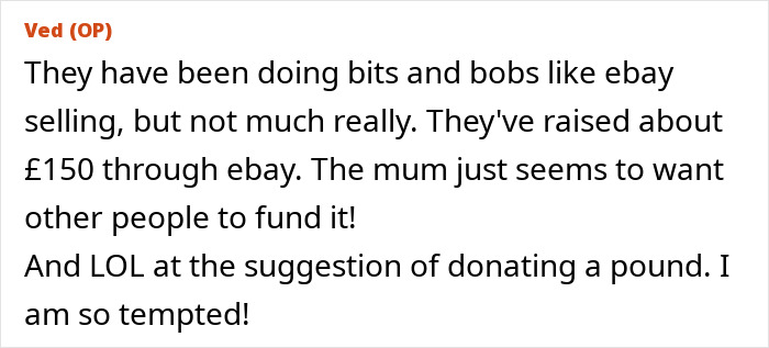 Text discussing a woman trying to fund her daughters' exotic trip through eBay selling, raising £150 so far. Text discussing a woman trying to fund her daughters' exotic trip through eBay selling, raising £150 so far.