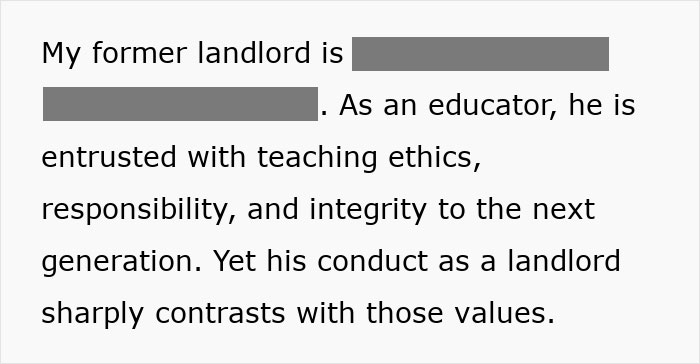 Text describing a greedy landlord's unethical behavior contrasts with his role as an educator. Text describing a greedy landlord's unethical behavior contrasts with his role as an educator.