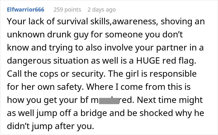 Comment discussing relationship dynamics and safety concerns in a critical tone. Comment discussing relationship dynamics and safety concerns in a critical tone.
