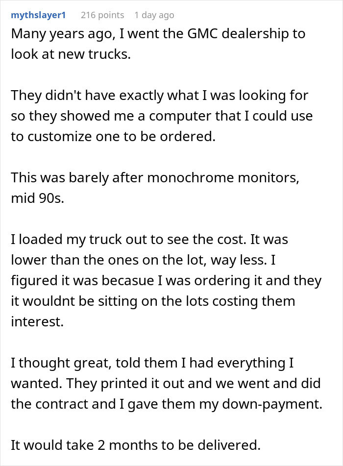 Customer persistence in ordering a GMC truck, customizing through a computer, sharing a 90s dealership experience. Customer persistence in ordering a GMC truck, customizing through a computer, sharing a 90s dealership experience.