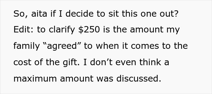 Text discussing the dilemma of skipping a family Christmas party due to a costly white elephant gift requirement. Text discussing the dilemma of skipping a family Christmas party due to a costly white elephant gift requirement.