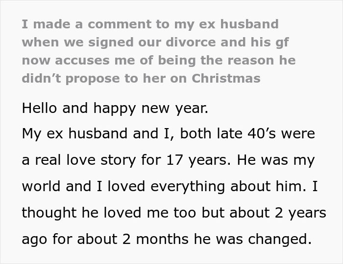 Text about an ex-husband regretting a 17-year marriage after a comment from ex-wife during their divorce. Text about an ex-husband regretting a 17-year marriage after a comment from ex-wife during their divorce.