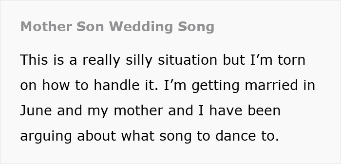 Text discussing mother-son wedding song debate for summer wedding. Text discussing mother-son wedding song debate for summer wedding.