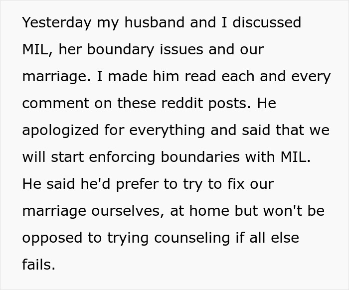 Text about discussing MIL's unannounced visits and setting boundaries in a marriage. Text about discussing MIL's unannounced visits and setting boundaries in a marriage.