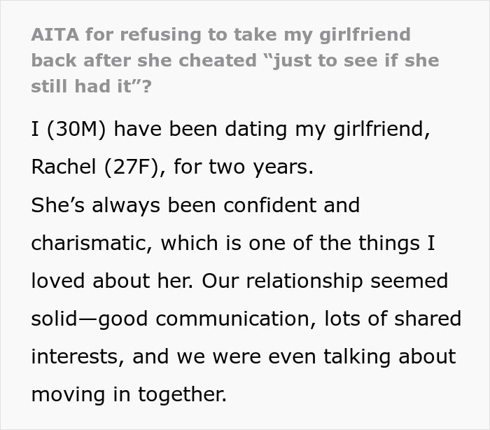 Text describes a man's dilemma about refusing to take back his cheating girlfriend. Text describes a man's dilemma about refusing to take back his cheating girlfriend.