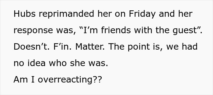 Text about an unexpected visitor causing confusion and questioning if the reaction is justified, related to strangers arriving unannounced. Text about an unexpected visitor causing confusion and questioning if the reaction is justified, related to strangers arriving unannounced.