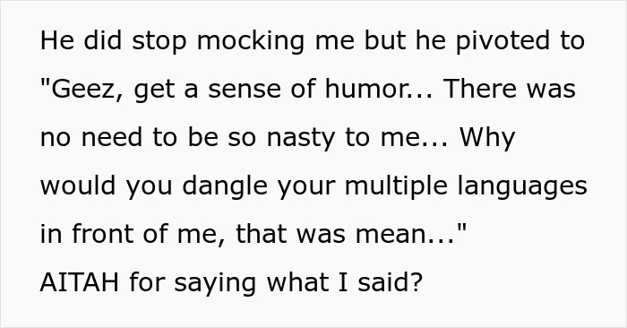 Text excerpt discussing a judgmental American mocking mispronunciation and questioning behavior. Text excerpt discussing a judgmental American mocking mispronunciation and questioning behavior.