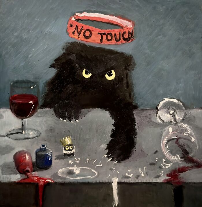 Humorous painting of a chaotic black cat with a "No Touch" ring, surrounded by spilled wine and toppled objects. Humorous painting of a chaotic black cat with a "No Touch" ring, surrounded by spilled wine and toppled objects.