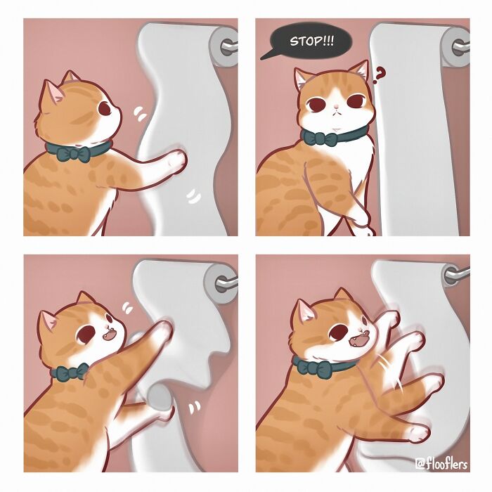 Cat unrolling toilet paper in 4-panel comic, artistically depicted, with a speech bubble saying "STOP!" Hilariously cute scene. Cat unrolling toilet paper in 4-panel comic, artistically depicted, with a speech bubble saying "STOP!" Hilariously cute scene.