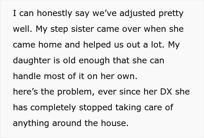 Text expressing concern about daughter's lack of chores due to illness. Text expressing concern about daughter's lack of chores due to illness.