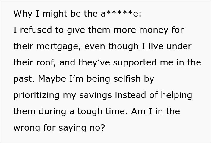 Text expressing a daughter's dilemma about not providing money to her parents despite past support. Text expressing a daughter's dilemma about not providing money to her parents despite past support.