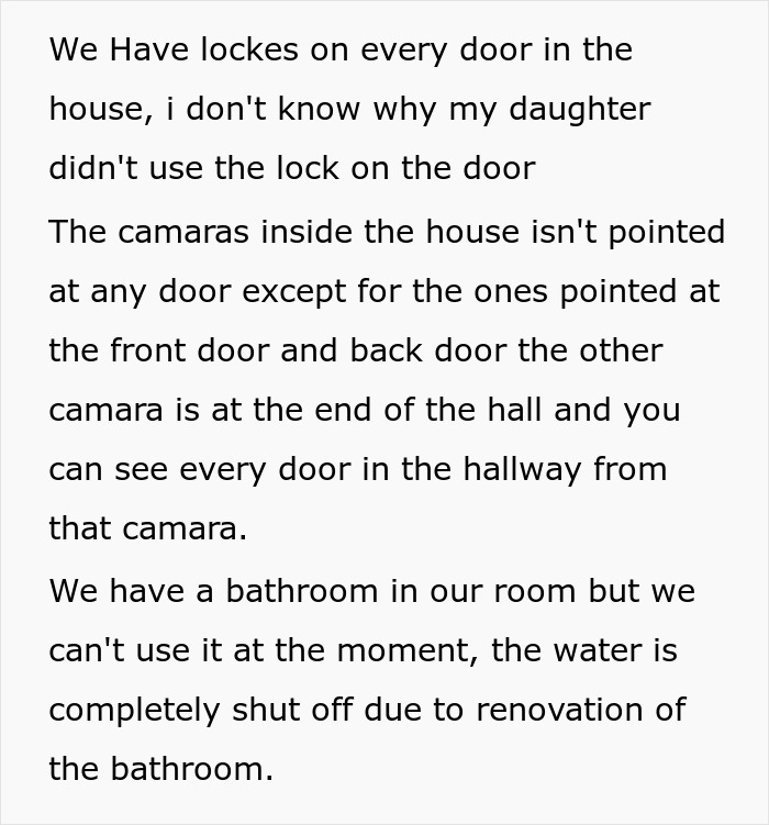 Text discusses door locks and camera placement in a home amid family horror over a teen's lies about stepdad. Text discusses door locks and camera placement in a home amid family horror over a teen's lies about stepdad.