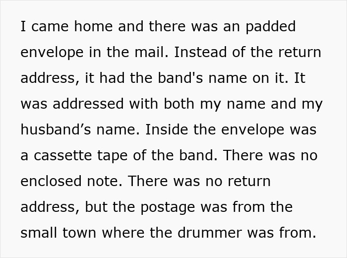 Text revealing a woman receiving a mysterious mailed cassette tape from her past. Text revealing a woman receiving a mysterious mailed cassette tape from her past.