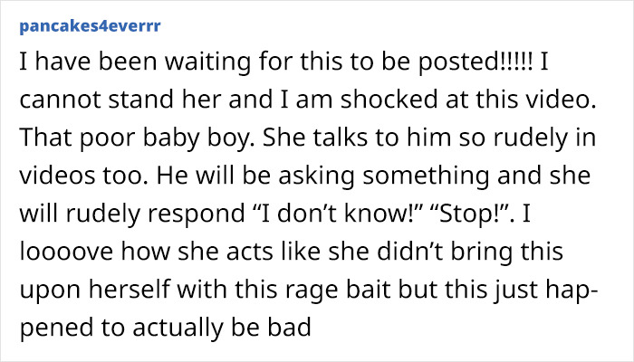 Comment criticizing a momfluencer for rude behavior towards her son, expressing shock and disapproval. Comment criticizing a momfluencer for rude behavior towards her son, expressing shock and disapproval.