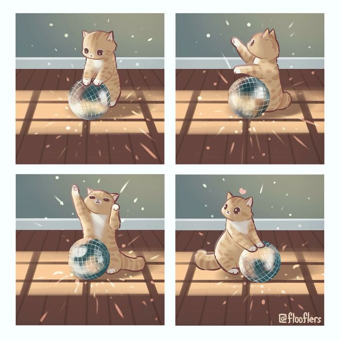 Four-panel comic of a cat playing with a disco ball, showcasing hilariously cute illustrations. Four-panel comic of a cat playing with a disco ball, showcasing hilariously cute illustrations.