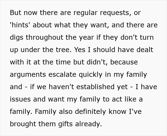 Text about family arguments and expectations for gifts, related to a woman's perspective. Text about family arguments and expectations for gifts, related to a woman's perspective.