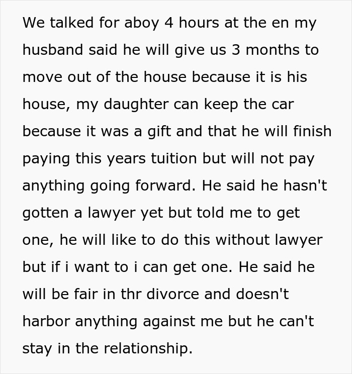 Text about stepdad contemplating divorce after teen lies, discussing living arrangements and tuition. Text about stepdad contemplating divorce after teen lies, discussing living arrangements and tuition.