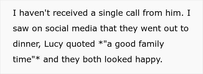 Text message about no calls and seeing family dinner on social media. Text message about no calls and seeing family dinner on social media.
