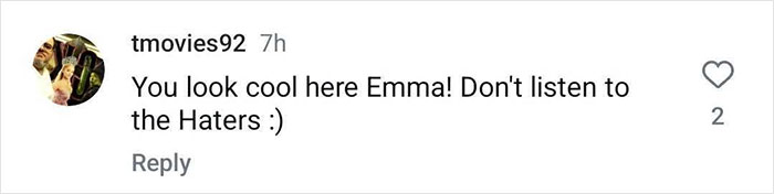 Comment screenshot showing support for Emma from 'Oppenheimer,' expressing, "You look cool here Emma! Don’t listen to the haters ;). Comment screenshot showing support for Emma from 'Oppenheimer,' expressing, "You look cool here Emma! Don’t listen to the haters ;).