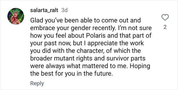 Instagram comment praising Emma Dumont for embracing identity and discussing a role in Polaris. Instagram comment praising Emma Dumont for embracing identity and discussing a role in Polaris.