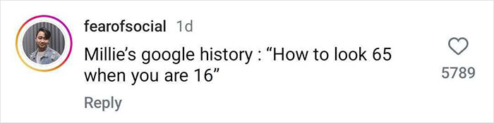 Comment joking about Millie Bobby Brown's appearance, suggesting she looks older than her age. Comment joking about Millie Bobby Brown's appearance, suggesting she looks older than her age.