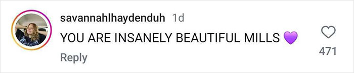 Comment praising beauty with heart emoji, mentioning "Mills" in response to Millie Bobby Brown looking older. Comment praising beauty with heart emoji, mentioning "Mills" in response to Millie Bobby Brown looking older.
