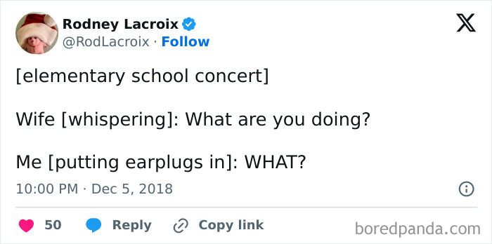 Tweet humorously captures the chaos of school holiday concerts with earplugs joke.