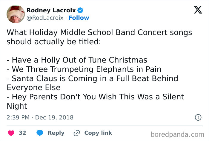 Humorous tweet listing alternate song titles for school Christmas holiday concerts.