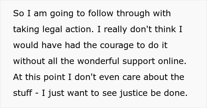 Text discussing legal action after a roommate stole stuff from an apartment, expressing a desire for justice. Text discussing legal action after a roommate stole stuff from an apartment, expressing a desire for justice.