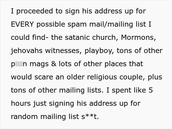 Text about a woman signing up an old neighbor for spam mail as revenge, highlighting pettiness. Text about a woman signing up an old neighbor for spam mail as revenge, highlighting pettiness.