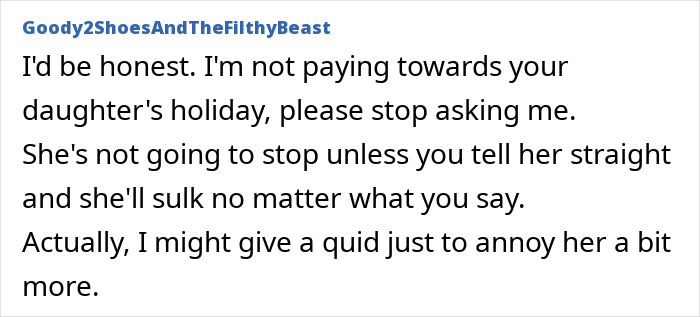 Text exchange discussing refusal to pay for a daughter's exotic trip. Text exchange discussing refusal to pay for a daughter's exotic trip.
