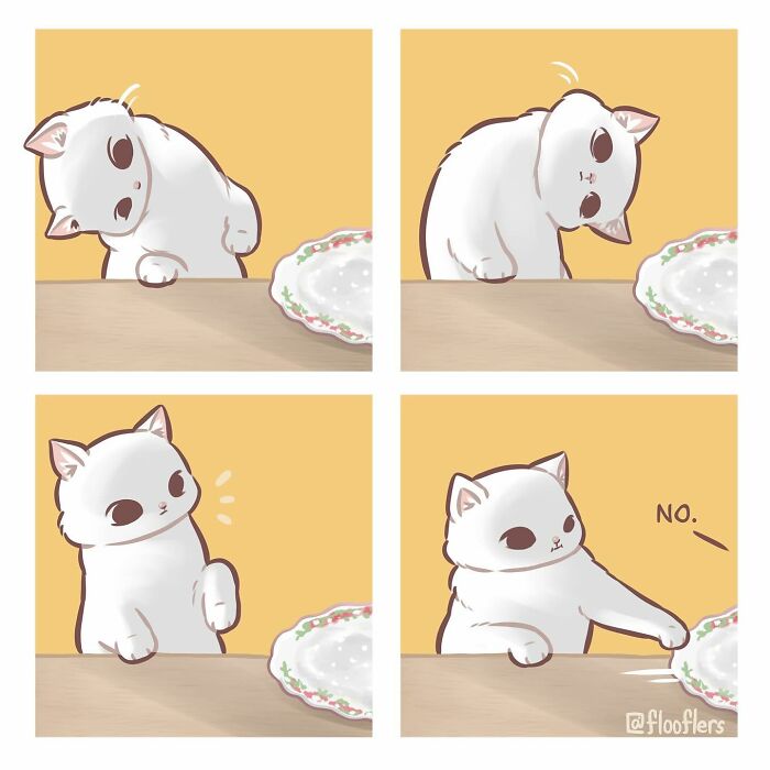4-panel comic of a cute cat inspecting a dish, humorously deciding "No. 4-panel comic of a cute cat inspecting a dish, humorously deciding "No.