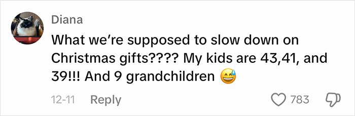 Text comment discussing buying Christmas gifts for kids and grandchildren, reflecting parents' gift-giving decisions. Text comment discussing buying Christmas gifts for kids and grandchildren, reflecting parents' gift-giving decisions.