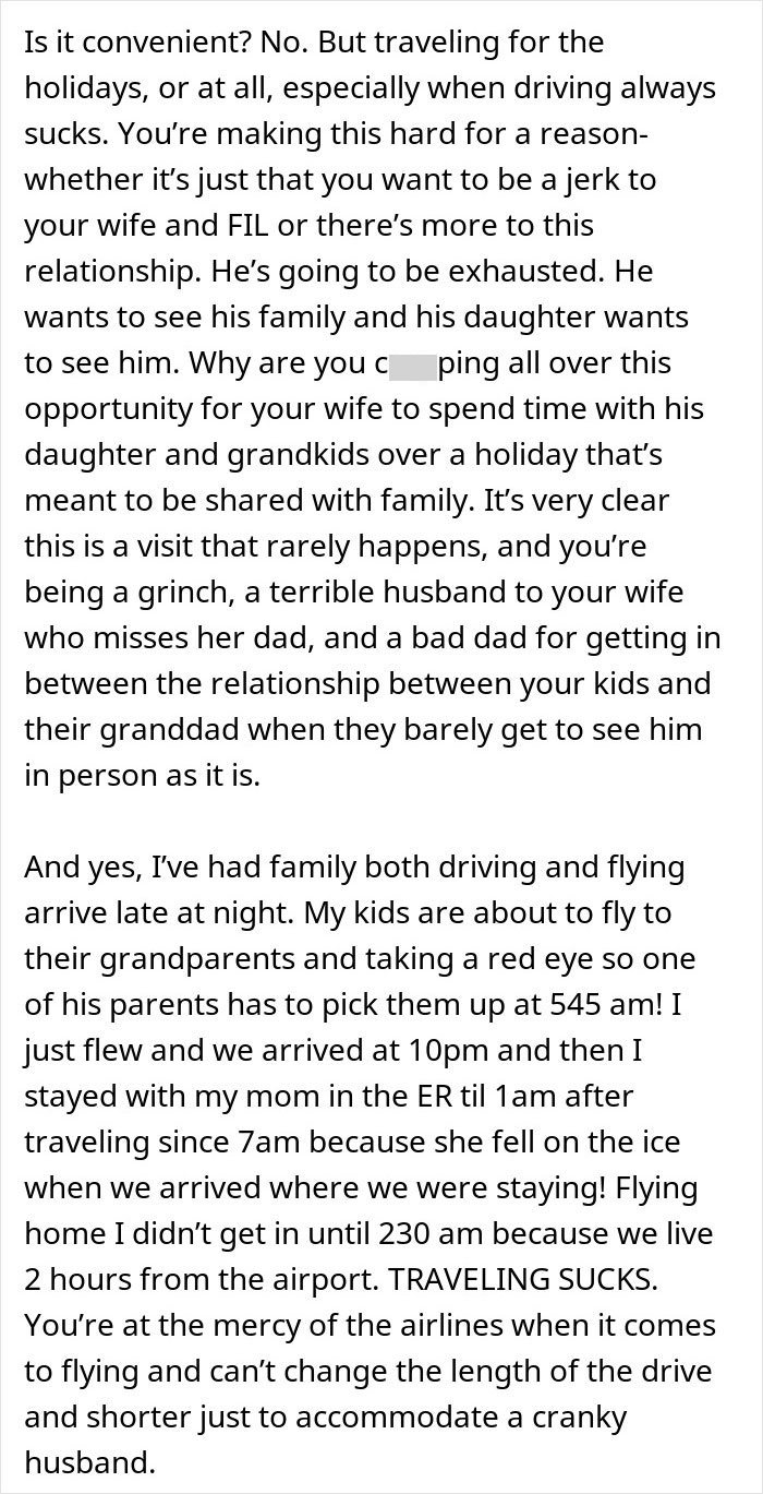 Text about holiday season tension with couple arguing over FIL's arrival time. Text about holiday season tension with couple arguing over FIL's arrival time.