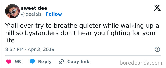Funny meme about quiet breathing while walking uphill to avoid being overheard, with 9K likes on Twitter.