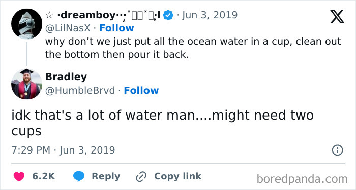 Science meme about fitting ocean water in a cup; humorous Twitter exchange with comments on water volume.