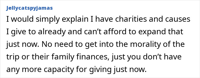 Text screenshot discussing a response to a woman asking for money for her daughter's exotic trip, emphasizing financial limits. Text screenshot discussing a response to a woman asking for money for her daughter's exotic trip, emphasizing financial limits.