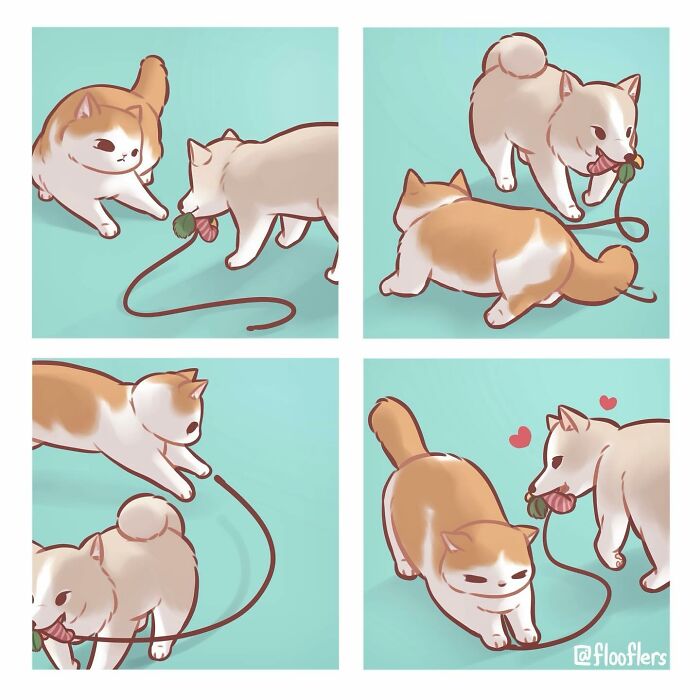4-panel comic of cats playing with a toy, illustrating their cute interactions. 4-panel comic of cats playing with a toy, illustrating their cute interactions.