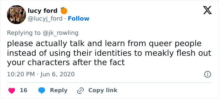 Tweet reacting to JK Rowling, expressing criticism about representation in her characters. Tweet reacting to JK Rowling, expressing criticism about representation in her characters.