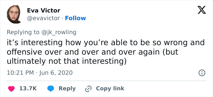 Tweet criticism of JK Rowling posted by user Eva Victor, highlighting recurring controversy. Tweet criticism of JK Rowling posted by user Eva Victor, highlighting recurring controversy.