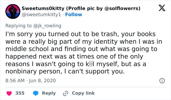 Tweet reacting to JK Rowling's New York Times objection, expressing disappointment and identity conflict. Tweet reacting to JK Rowling's New York Times objection, expressing disappointment and identity conflict.