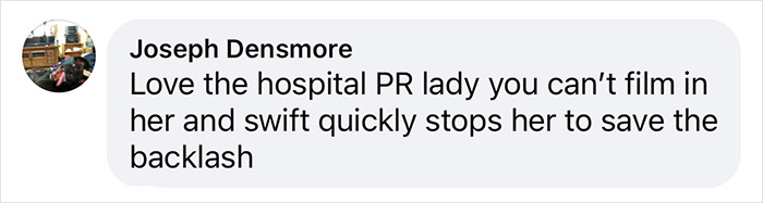 Comment mentioning Taylor Swift stopping a team member during hospital visit. Comment mentioning Taylor Swift stopping a team member during hospital visit.